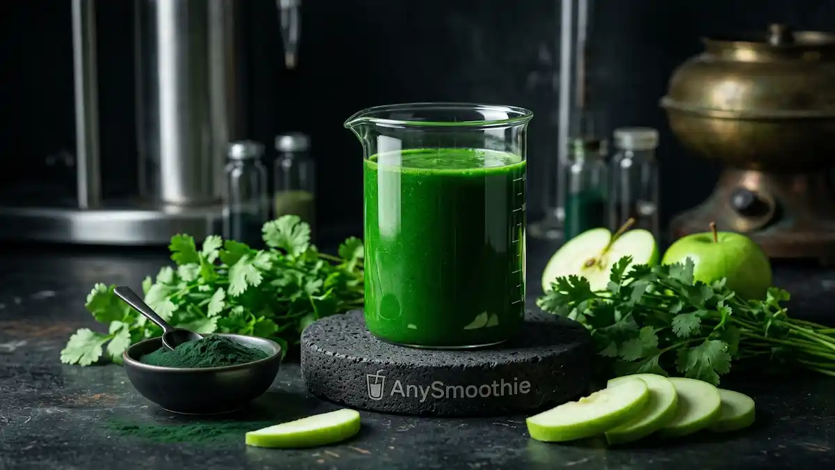 An intense emerald-green bioactive smoothie in a lab beaker on a volcanic stone coaster, surrounded by fresh cilantro, chlorella powder, and green apple slices in a dark, dramatic setting.