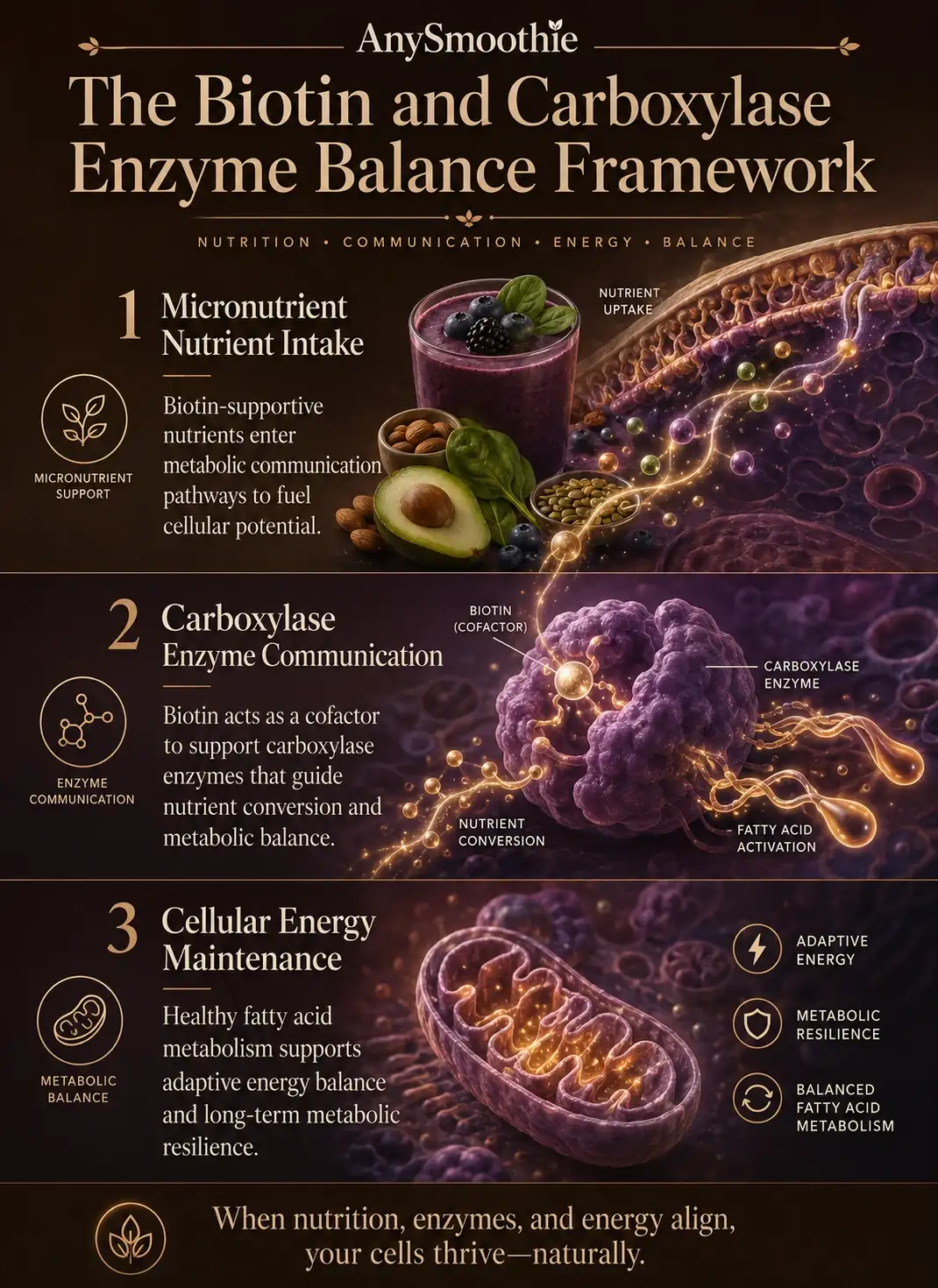 Premium wellness-science infographic illustrating how biotin smoothies optimize carboxylase enzyme-function through metabolic communication pathways, fatty acid metabolism balance, and adaptive cellular energy support with cinematic intracellular visuals.