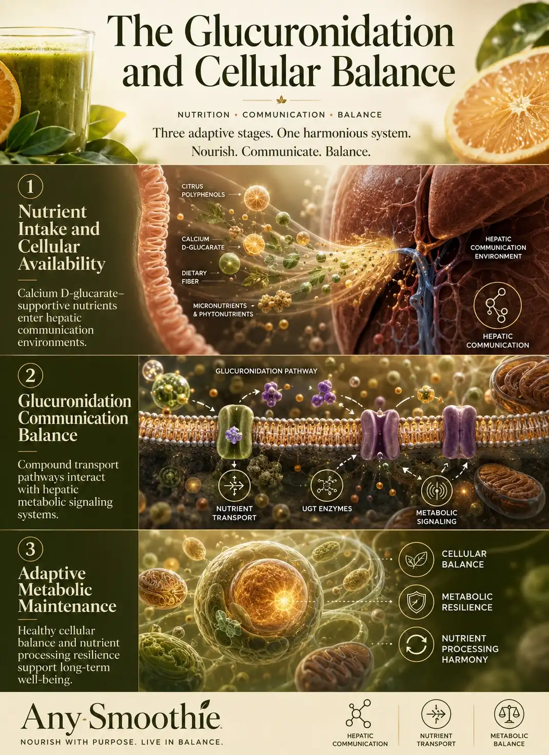 Premium wellness-science infographic illustrating calcium d glucarate smoothie glucuronidation support, hepatic communication pathways, nutrient transport systems, and adaptive cellular metabolic balance in a cinematic biological environment.
