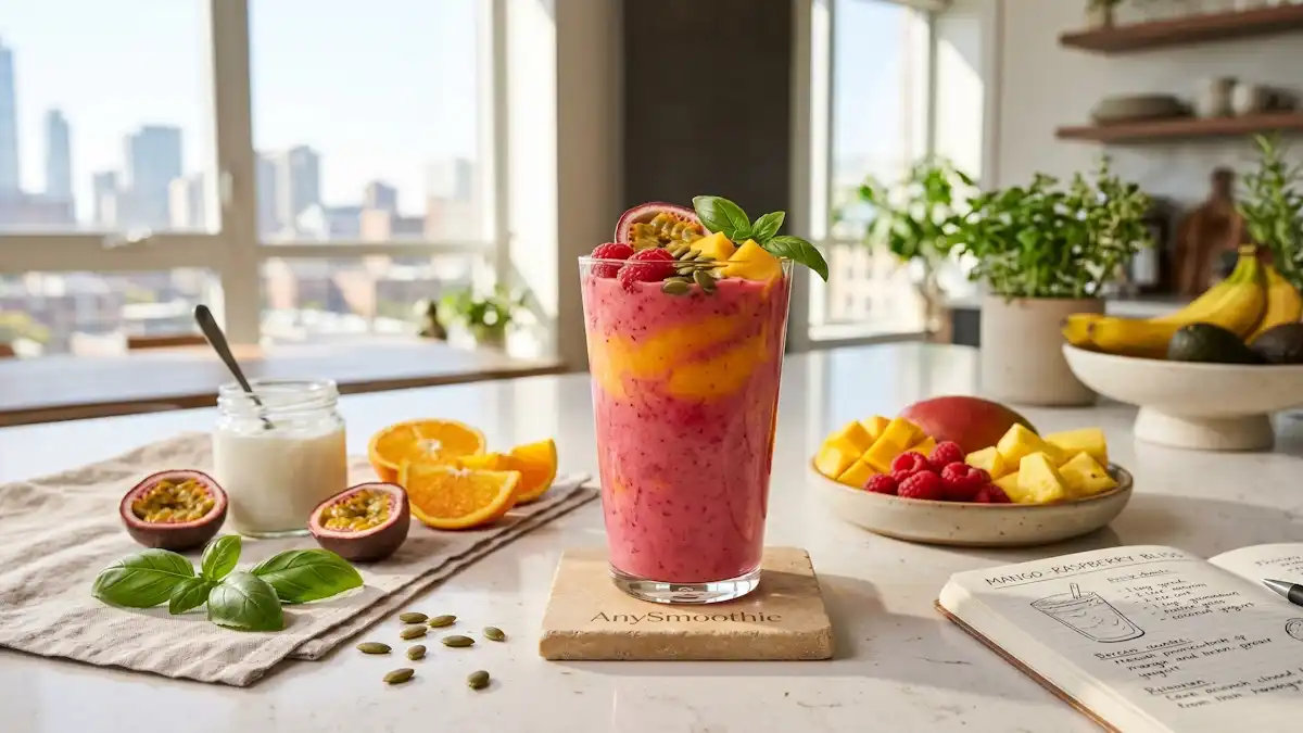 Vibrant raspberry-mango smoothie in an artisan glass with calcium pyruvate smoothies for krebs cycle support, styled with fresh mango, raspberries, and pumpkin seeds on a bright quartz countertop.