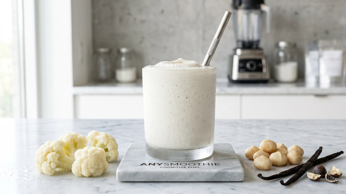 "High-end white cauliflower smoothie with macadamia nuts and vanilla, supporting physiological systems and optimizing natural pathways for cognitive performance."