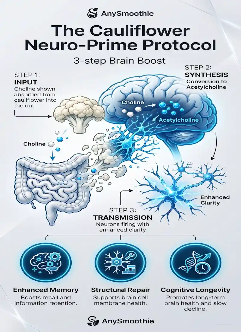 Infographic showing the Neuro-Prime Protocol: converting choline from cauliflower smoothies into acetylcholine to optimize natural neural pathways and support cognitive longevity.
