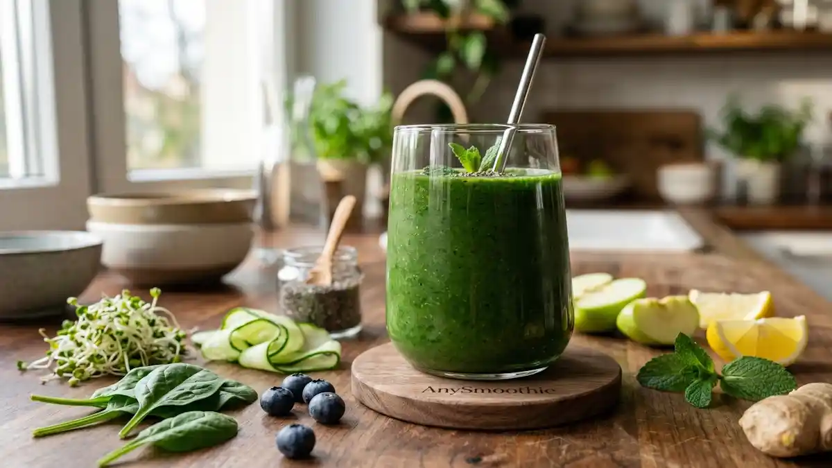 A deep green recovery smoothie in a tall glass on an AnySmoothie engraved walnut coaster, surrounded by fresh spinach, broccoli sprouts, and blueberries, demonstrating chaperone autophagy smoothie protocols for cellular optimization.