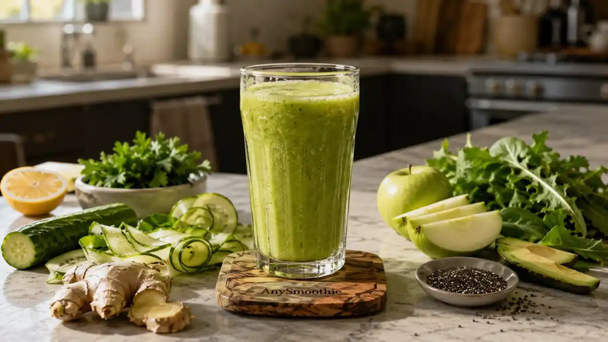 Vibrant green citrus and ginger smoothie in artisan glass on olive wood coaster with fresh detox ingredients for choleresis bile duct motility smoothie blends