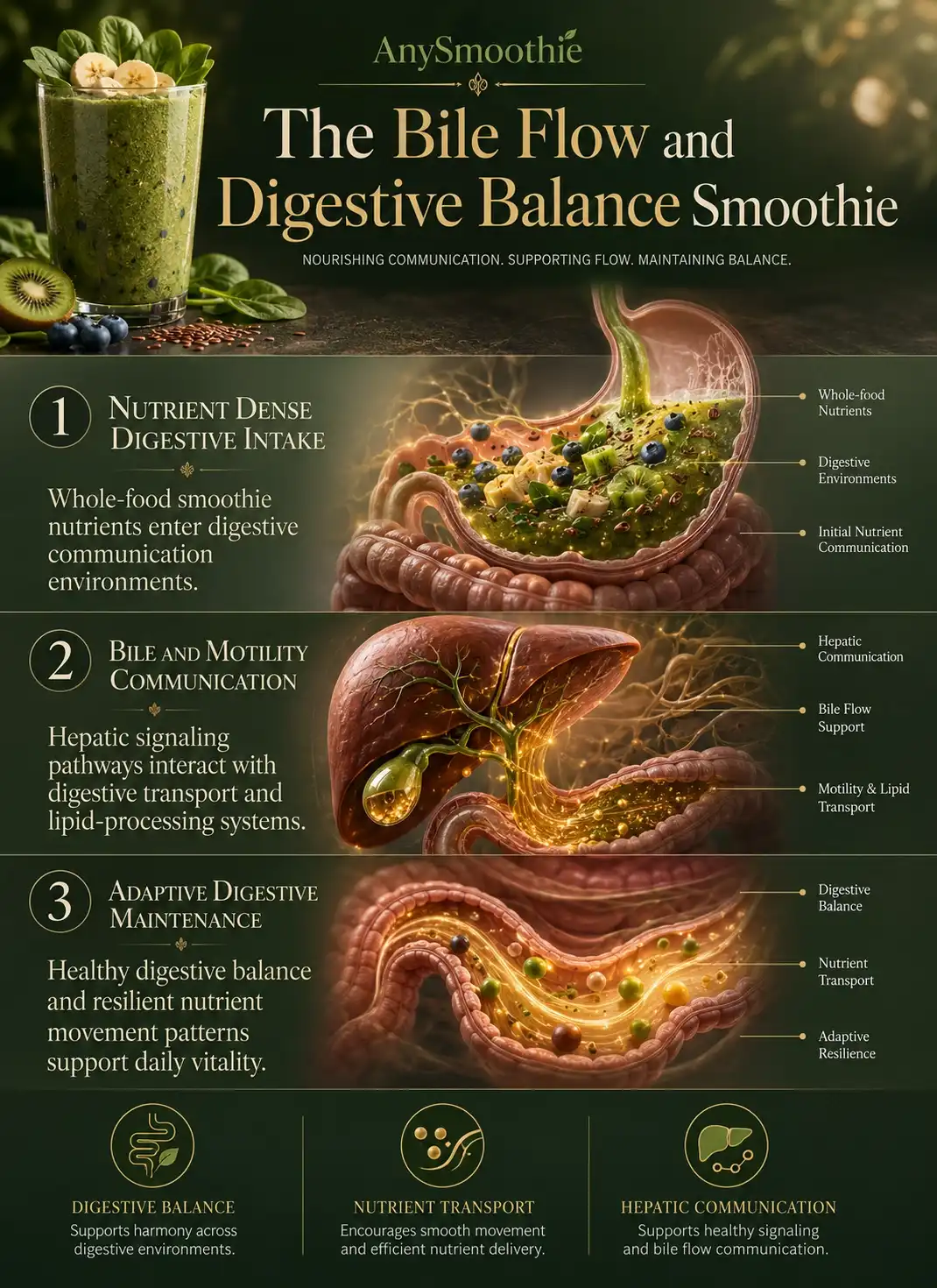 Premium wellness-science infographic showing choleresis bile duct motility smoothie blends with digestive balance pathways, hepatic communication systems, nutrient transport flow, and bile motility support illustrated through cinematic digestive-inspired biological visuals.