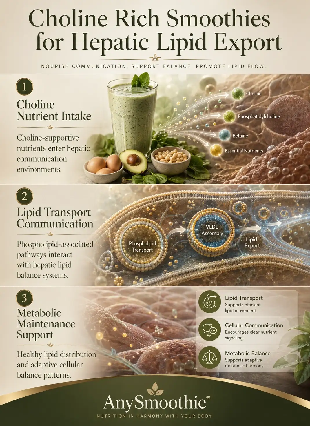 Premium wellness-science infographic showing choline rich smoothies for hepatic lipid export, illustrating phospholipid transport pathways, hepatic lipid communication environments, metabolic balance systems, and adaptive intracellular nutrient signaling with cinematic biological rendering.