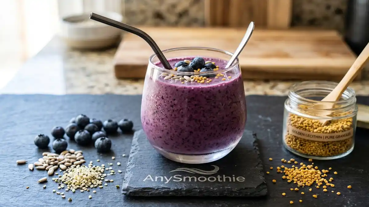 High-performance purple blueberry smoothie with sunflower seeds and golden lecithin granules, designed to optimize natural pathways for hepatic lipid export through choline-rich ingredients.