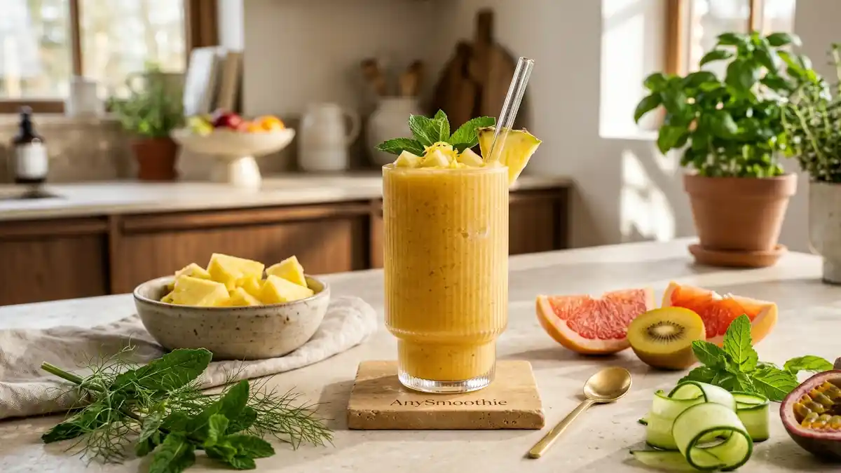 Vibrant citrus-pineapple smoothie in an artisan glass on an AnySmoothie engraved honey travertine coaster, surrounded by fresh ingredients supporting phase iii export smoothies for xenobiotic efflux pathways.