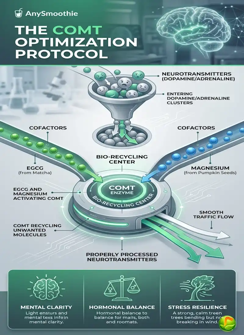 Professional vertical infographic for AnySmoothie titled 'The COMT Optimization Protocol,' demonstrating how EGCG from matcha and Magnesium act as cofactors to support the COMT enzyme in processing neurotransmitters.