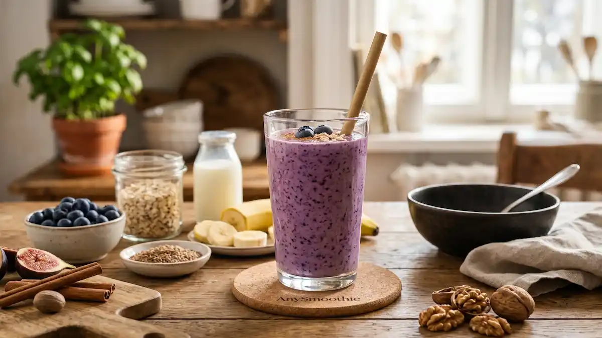 A creamy blueberry-oat smoothie with kefir in a tall glass on a branded cork coaster, styled with fresh figs, walnuts, and oats, showcasing how tributyrin smoothies for colon integrity support physiological systems.