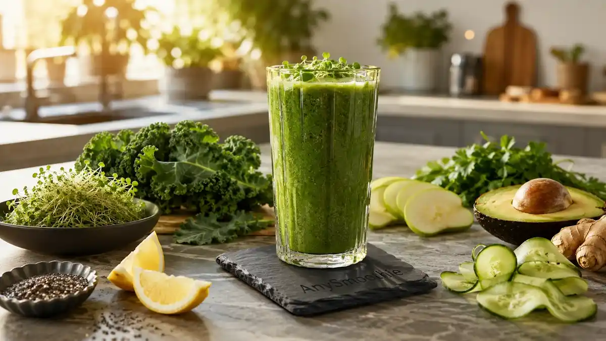 Cruciferous smoothies intestinal AhRn activation wellness smoothie with kale, broccoli sprouts, cucumber, avocado, lemon, and green apple in a modern natural kitchen setting