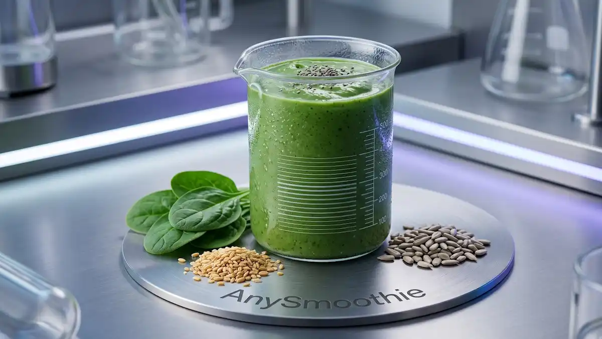 A high-tech shot of a creamy AnySmoothie in a glass beaker with spinach and sunflower seeds, focusing on DNA methyltransferase support and biochemical methylation pathways.