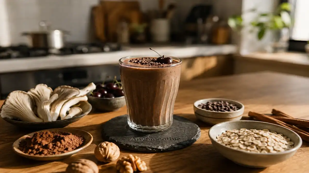 Ergothioneine smoothies cellular defense cacao mushroom smoothie with oyster mushrooms, raw cacao, cherries, oats, and walnuts in a vintage glass on a walnut kitchen countertop