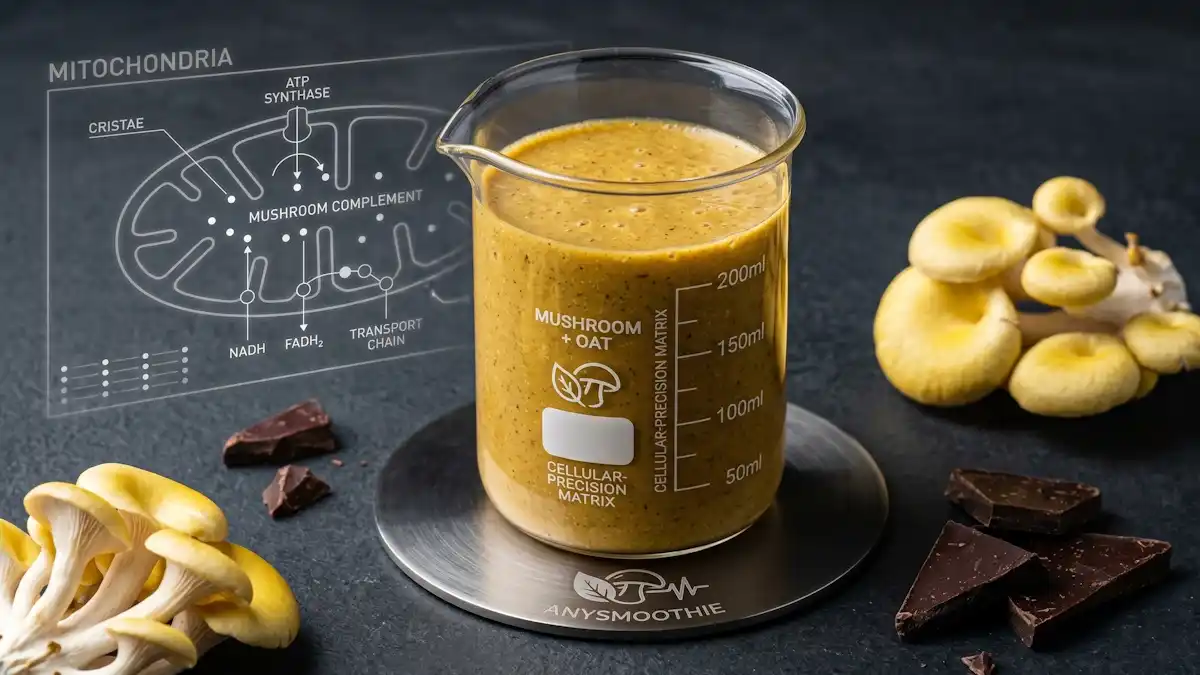 A high-contrast laboratory-grade beaker filled with a thick earthy-gold functional mushroom and oat milk smoothie, placed on a laser-etched AnySmoothie titanium coaster. The beaker is surrounded by fresh yellow oyster mushroom clusters and raw dark cocoa shards, featuring a technical mitochondrial transport matrix diagram in the dark charcoal background, illustrating ergothioneine smoothies for mitochondrial care.