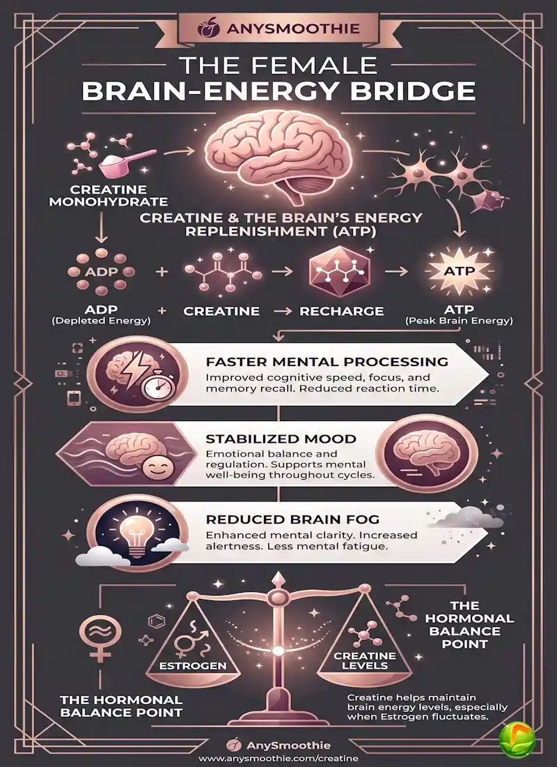 Professional infographic titled 'The Female Brain-Energy Bridge' by AnySmoothie, explaining how creatine replenishes brain ATP to improve mental processing, stabilize mood, and reduce brain fog, featuring a hormonal balance scale.