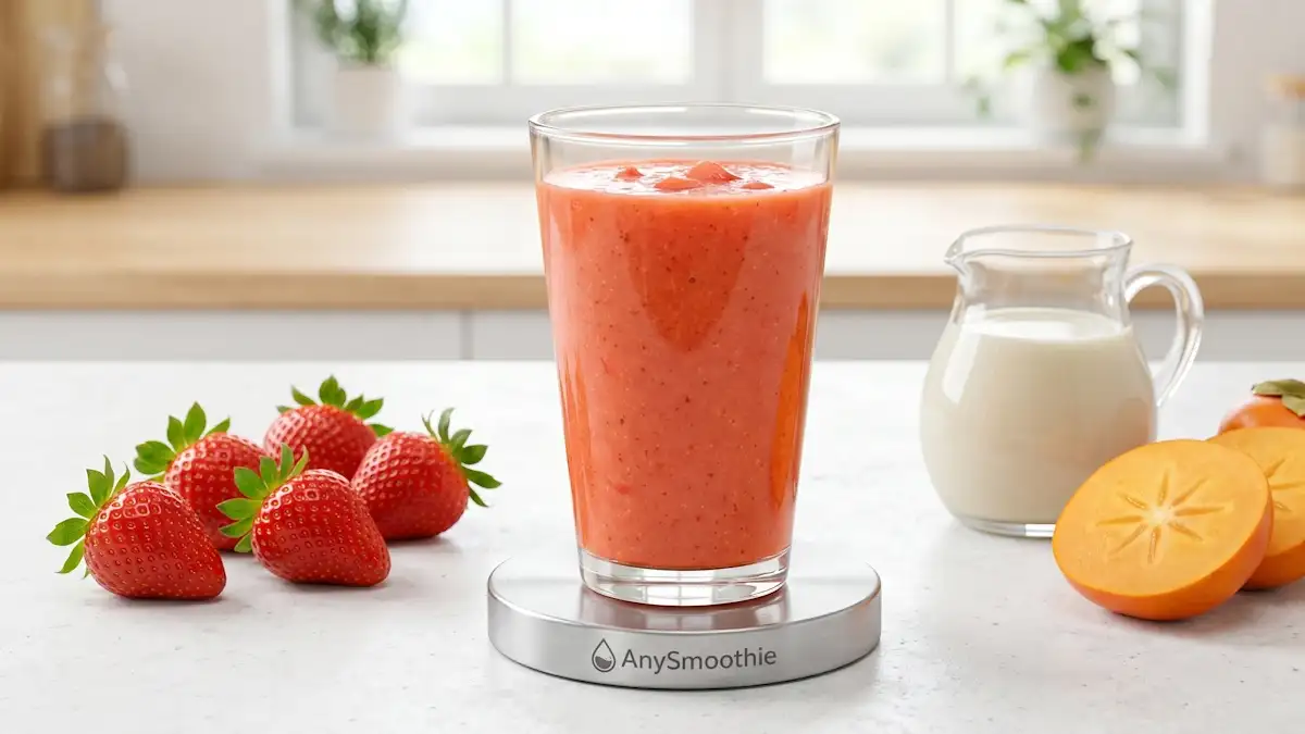 High-performance shot of a coral-colored fisetin smoothie in a tapered glass with AnySmoothie logo, surrounded by fresh strawberries and persimmons, symbolizing healthy aging pathways and longevity science.