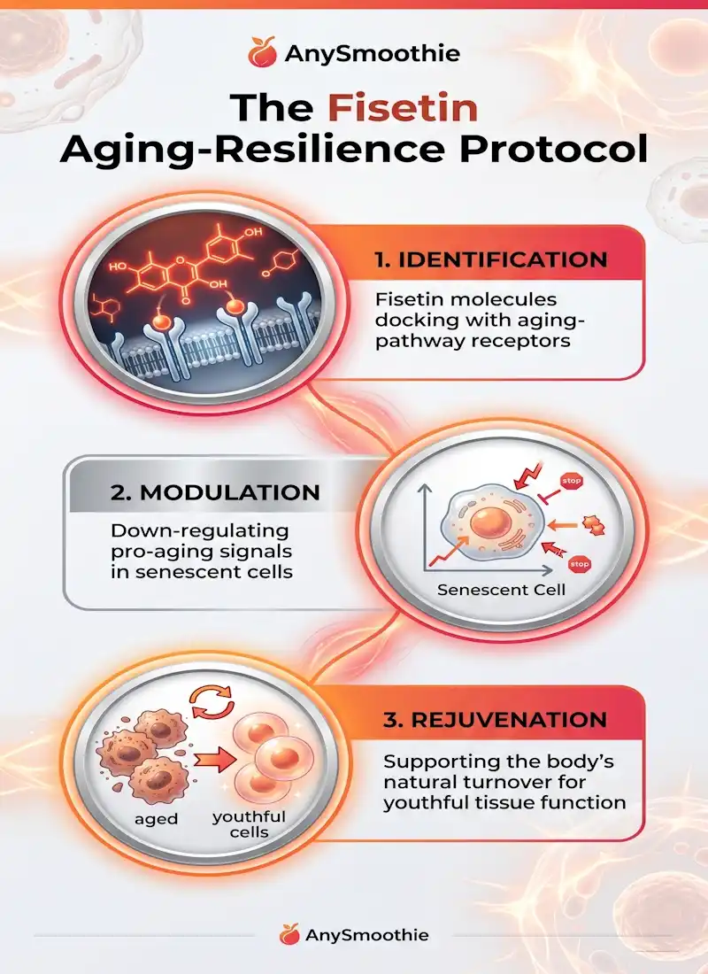 Vertical infographic for AnySmoothie titled 'The Fisetin Aging-Resilience Protocol' detailing the 3-step renewal process: identification of aging-pathway receptors, modulation of senescent cell signals, and rejuvenation of natural tissue turnover. Features a sunset orange, strawberry red, and clinical silver color palette with molecular docking diagrams.