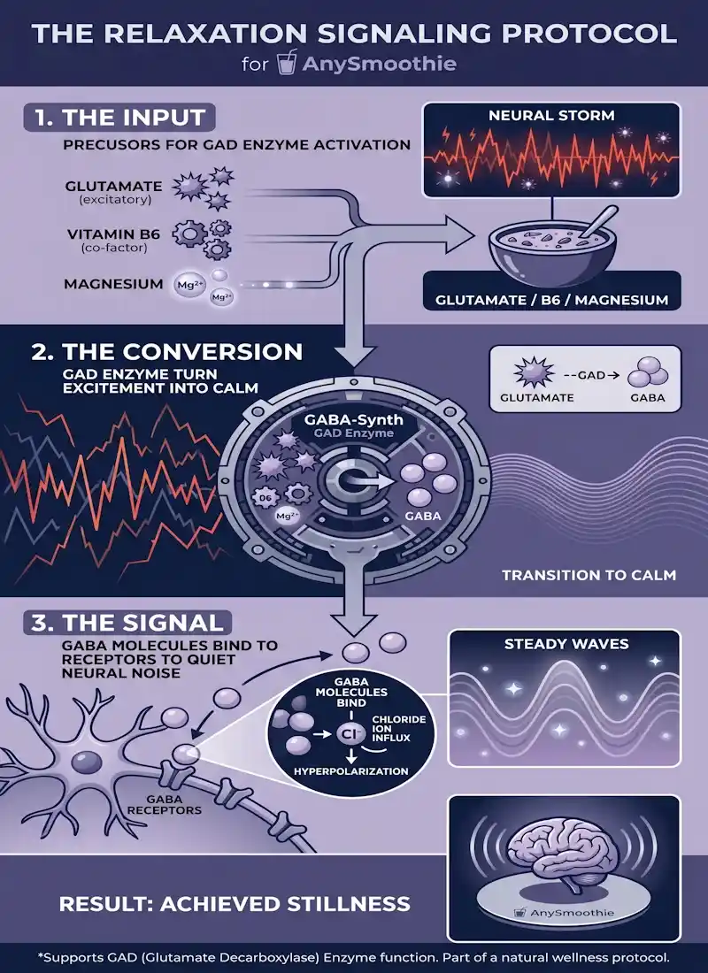 A vertical infographic titled 'The Relaxation Signaling Protocol' for AnySmoothie, detailing the conversion of Glutamate, Vitamin B6, and Magnesium via the GAD enzyme into GABA molecules to optimize natural pathways and quiet neural noise.