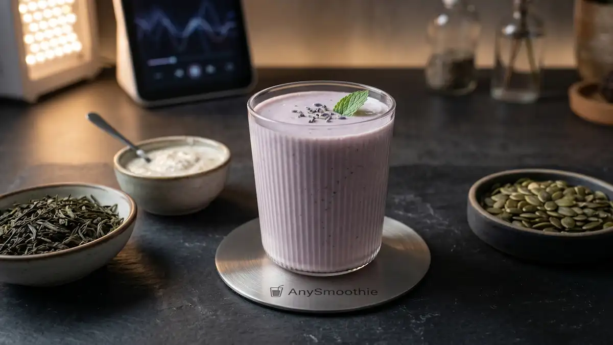 A pale lavender smoothie in a minimalist ribbed glass sitting on a pewter 'AnySmoothie' coaster, surrounded by green tea leaves, fermented kefir, and pumpkin seeds to demonstrate GABA smoothies for relaxation signaling.