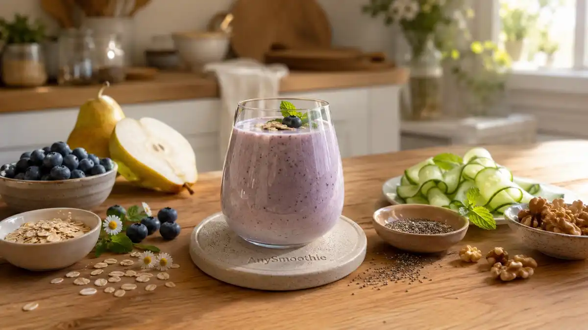 Creamy blueberry and pear smoothie in artisan glass on ceramic coaster with AnySmoothie logo, surrounded by oats, chia seeds, walnuts, cucumber, chamomile, and mint in a cozy kitchen setting for gentle smoothies lupus friendly meal routines