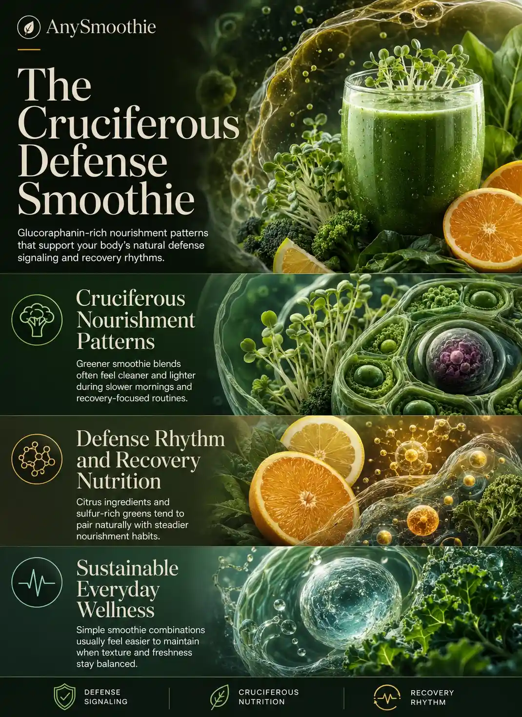 Premium wellness-science infographic showing a glucoraphanin smoothie for cellular defense signaling with broccoli sprouts, cruciferous greens, citrus ingredients, intracellular-inspired biological textures, and recovery-focused smoothie nutrition patterns.