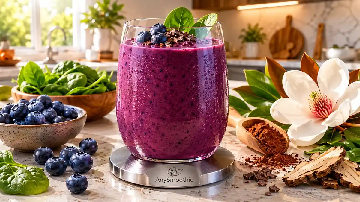 Honokiol smoothie with blueberries, cacao and spinach in a modern kitchen, illustrating mitochondrial SIRT3 support and wellness nutrition