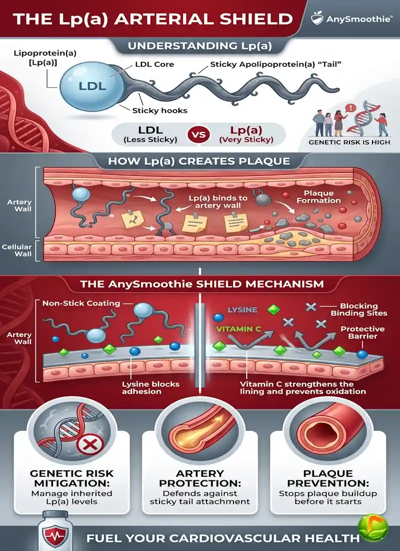 Educational infographic titled 'The Lp(a) Arterial Shield' by AnySmoothie, showing how Lysine and Vitamin C prevent sticky lipoprotein(a) particles from attaching to artery walls and forming plaque.