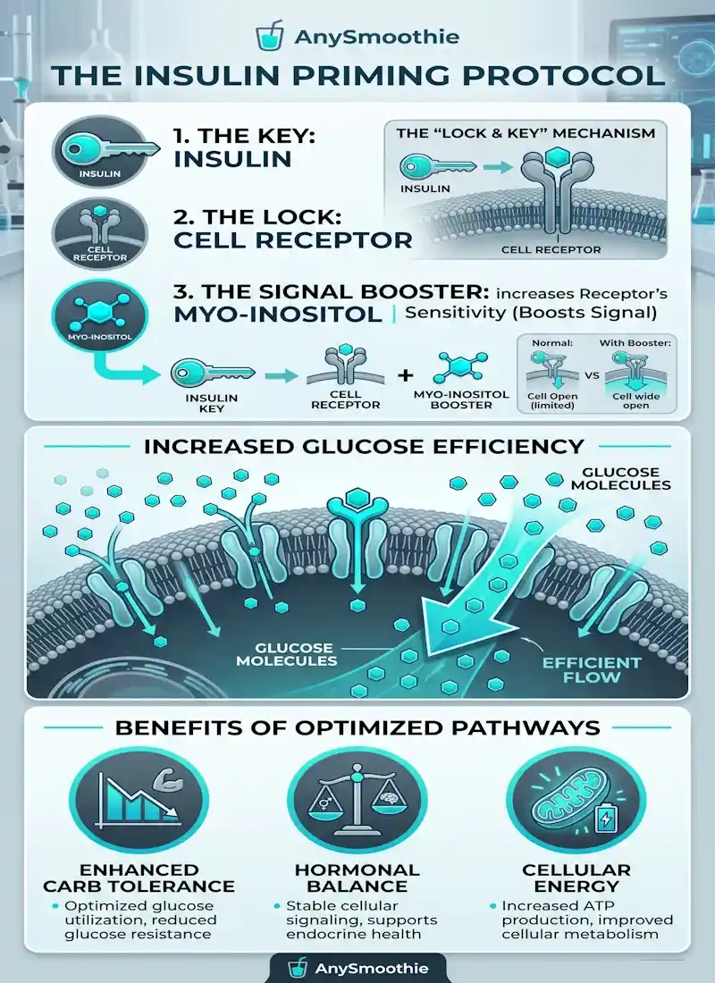 Professional infographic titled 'The Insulin Priming Protocol' for AnySmoothie, illustrating the 'Lock and Key' mechanism of insulin and cell receptors with myo-inositol acting as a signal booster to demonstrate a smoothie for insulin priming.