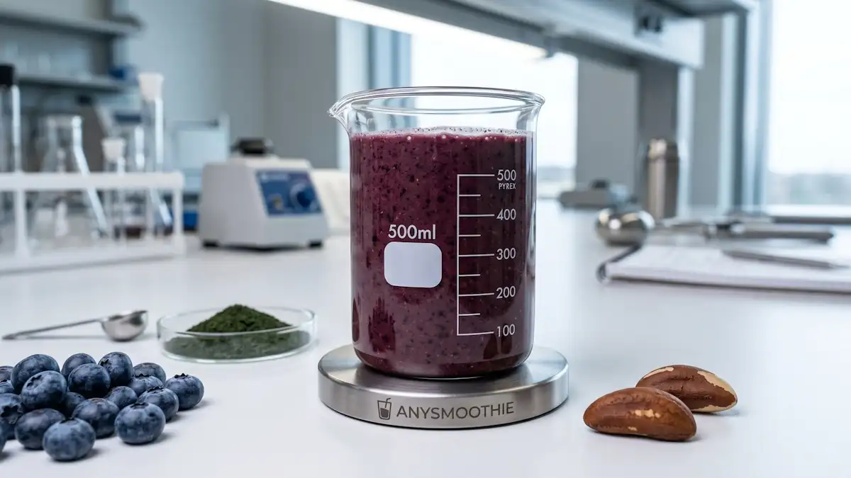 A high-contrast, 4k clinical shot of a deep-purple wild blueberry and kelp-fused smoothie inside a laboratory glass beaker, serving as an iodine rich smoothie for thyroid glandular support. The beaker rests on a brushed-titanium coaster laser-etched with the AnySmoothie logo. Surrounding the beaker on a white lab surface are fresh wild blueberries, a glass petri dish with organic kelp flakes, and two raw Brazil nuts showing rich texture.