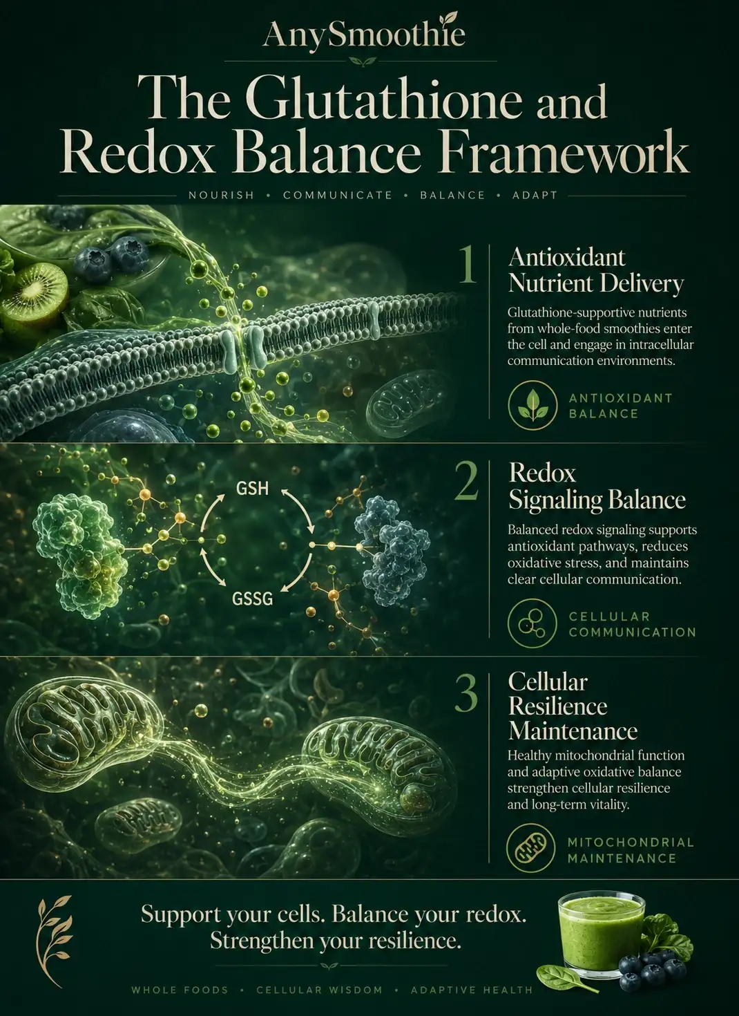 Premium wellness-science infographic illustrating liposomal glutathione smoothie for redox signaling, intracellular antioxidant balance, mitochondrial maintenance, and adaptive cellular communication pathways in a cinematic biological environment.