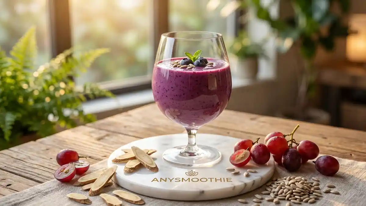 Cinematic shot of a vibrant purple smoothie in a minimalist glass goblet on a laser-etched marble coaster, featuring astragalus root and red grapes to optimize natural pathways for vitality.