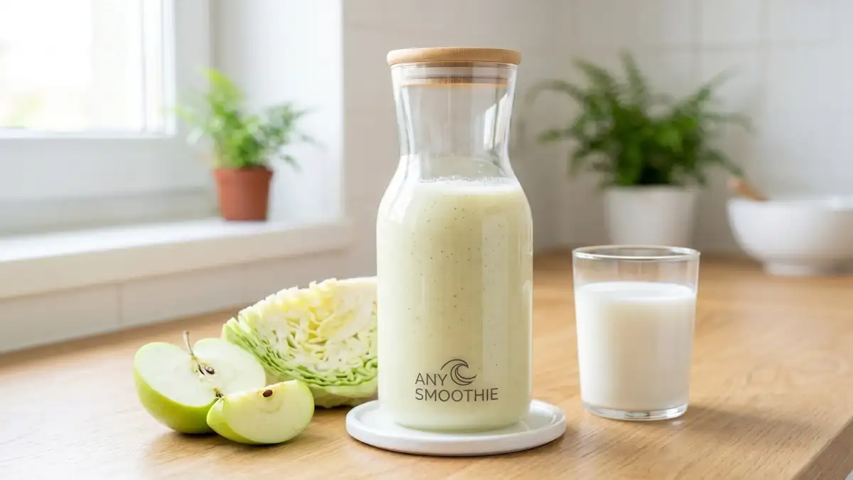 A serene clinical photograph of a translucent smoothie in a glass carafe with the AnySmoothie logo, centered among green apple slices, heart of cabbage, and rice milk to represent smoothies for kidney health (low phosphorus/potassium).