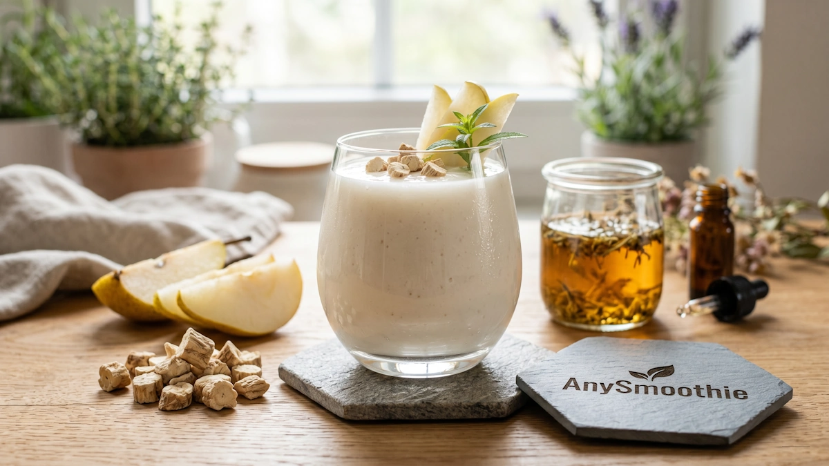 A high-performance white smoothie in a branded glass featuring marshmallow root and fresh pear, designed to showcase botanical mucilaginous support for natural physiological pathways.