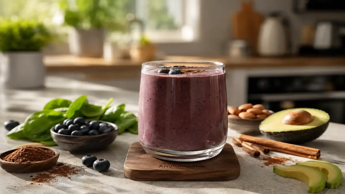 Creamy berry cacao smoothie with avocado, spinach, blueberries, almonds, and cinnamon on a walnut coaster in a modern kitchen, inspired by metabolic switching smoothies with oxaloacetate.