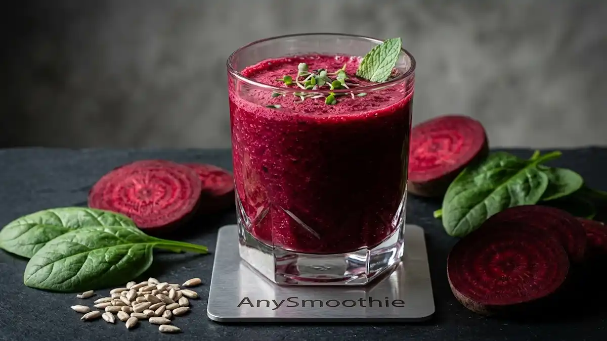 High-contrast shot of a beetroot smoothie designed for methylation support and homocysteine balance, featuring raw ingredients like spinach and sunflower seeds to optimize natural metabolic pathways.