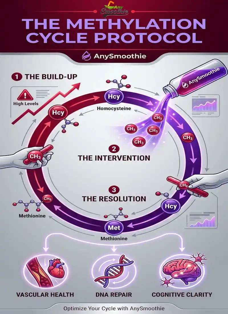 Infographic of the Methylation Cycle Protocol by AnySmoothie showing how methylation support smoothies for homocysteine balance work by donating methyl groups (CH3) to convert homocysteine back to methionine for vascular health, DNA repair, and cognitive clarity.