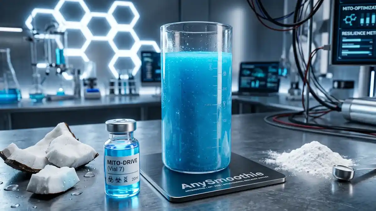 Futuristic electric-blue methylene blue smoothie in a minimalist glass cylinder on a laser-etched AnySmoothie coaster, featuring coconut and creatine powder for mitochondrial redox optimization.