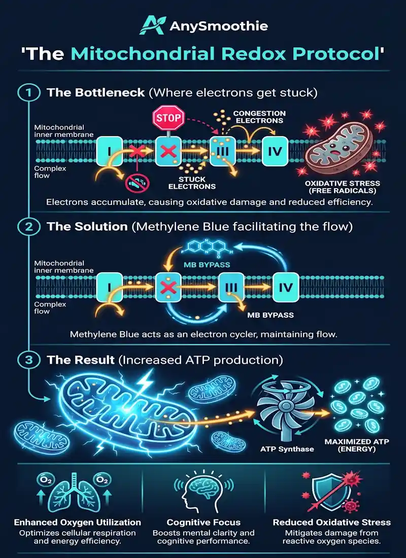 A vertical infographic for AnySmoothie titled The Mitochondrial Redox Protocol, illustrating how a methylene blue smoothie for mitochondrial redox optimizes the electron transport chain by facilitating electron flow to increase ATP production and metabolic efficiency.