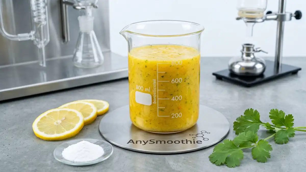 Clinical high-end shot of a vibrant citrus smoothie with cilantro and white MCP powder in a graduated laboratory beaker, featuring the AnySmoothie logo on a brushed-steel coaster in a molecular purification biohack aesthetic.