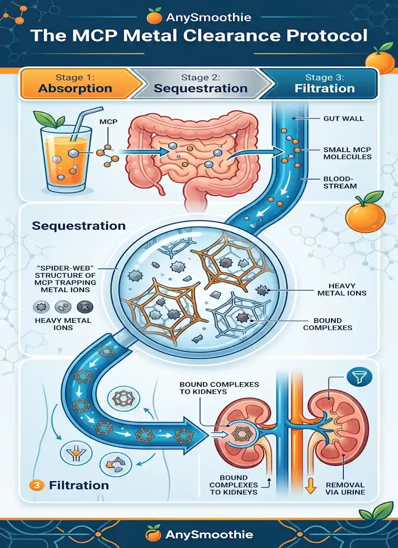 Infographic for AnySmoothie showing the 3-stage Metal Clearance Protocol using modified citrus pectin. The visual details biochemical mechanics: small MCP molecules entering the bloodstream via the gut, the spider-web sequestration of heavy metal ions, and the filtration of bound complexes through the kidneys.