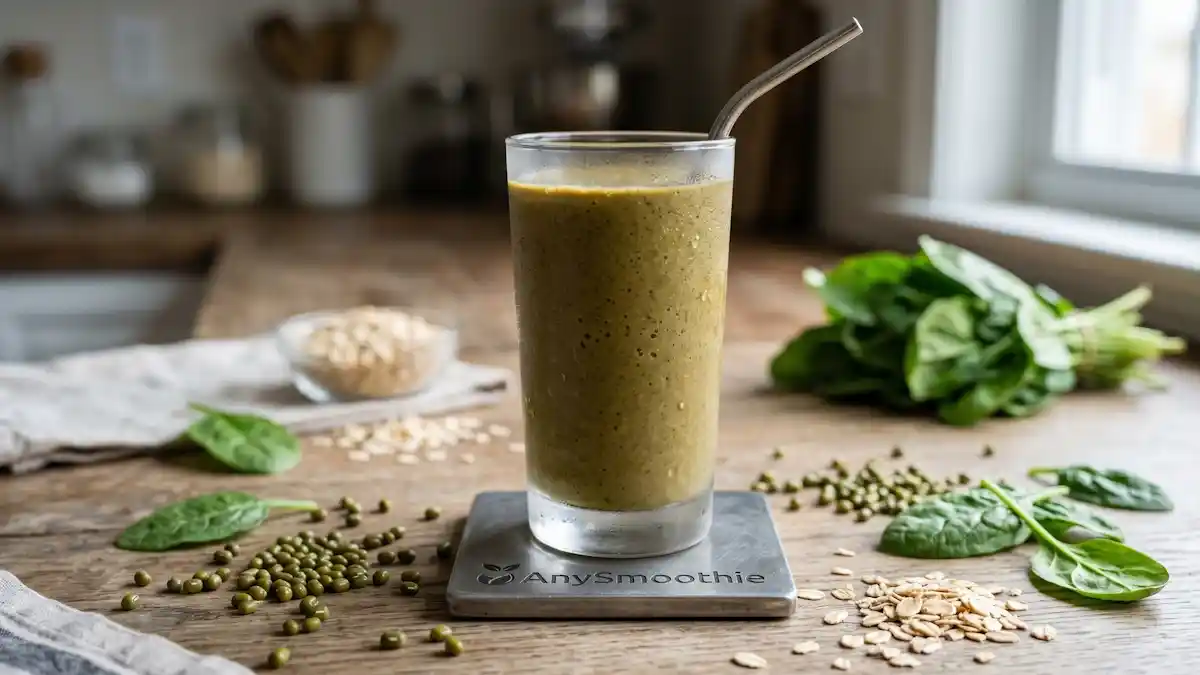 High-performance shot of an earthy-toned AnySmoothie in a frosted glass on a pewter coaster, surrounded by mung beans and spinach to illustrate molybdenum-rich ingredients for sulfite oxidase support.