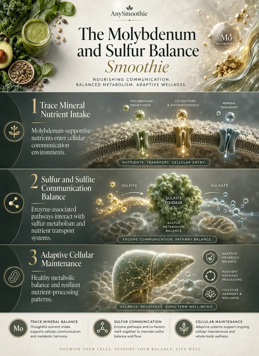 Premium wellness-science infographic illustrating molybdenum smoothie sulfite oxidase support, sulfur metabolism balance, adaptive cellular maintenance, and hepatic nutrient communication pathways in an elegant cinematic editorial design.