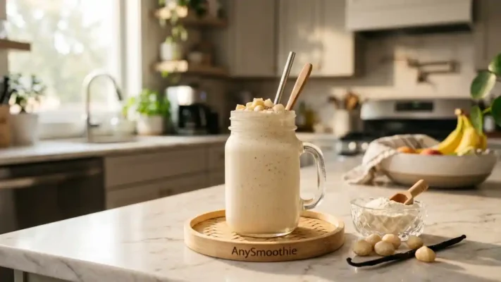 Rich, creamy macadamia nut and vanilla protein smoothie in a clear mason jar on a kitchen island, showcasing nicotinamide riboside smoothies for nad support.