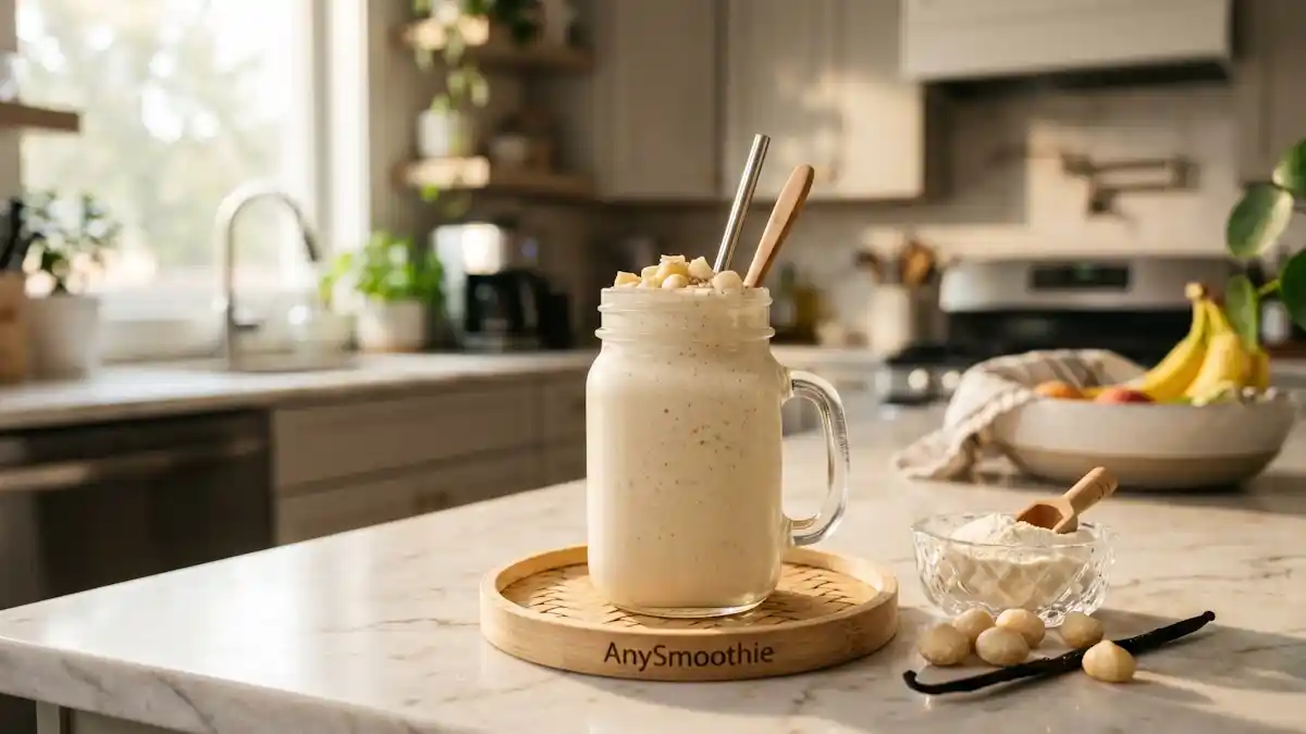 Rich, creamy macadamia nut and vanilla protein smoothie in a clear mason jar on a kitchen island, showcasing nicotinamide riboside smoothies for nad support.