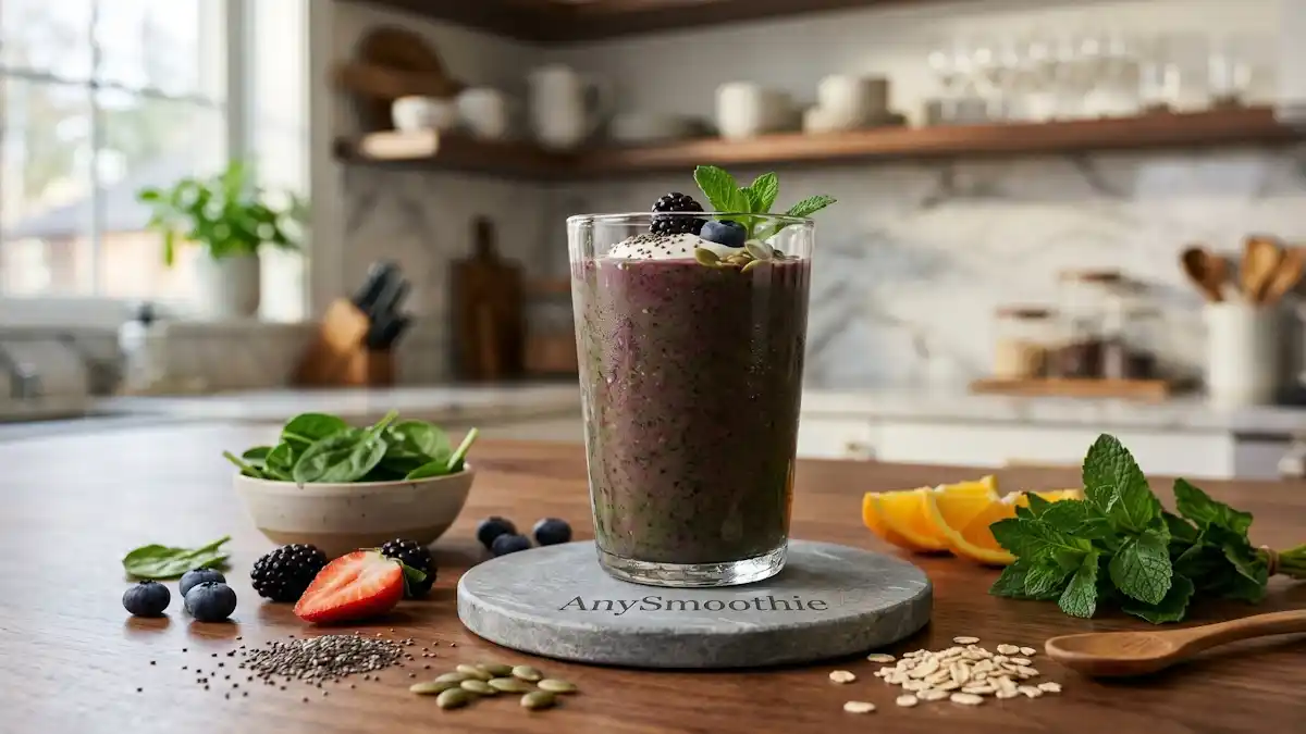 A rich berry and spinach smoothie in a tall glass on a stone coaster engraved with AnySmoothie logo, surrounded by fresh ingredients like chia seeds, strawberries, and oats, highlighting nourishing smoothies for people managing anemia.