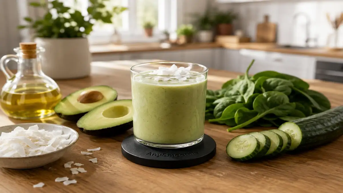 Creamy avocado and coconut OEA smoothie for optimizing lipid signaling served in a glass tumbler with spinach, cucumber, olive oil, and coconut flakes on a natural oak kitchen countertop.