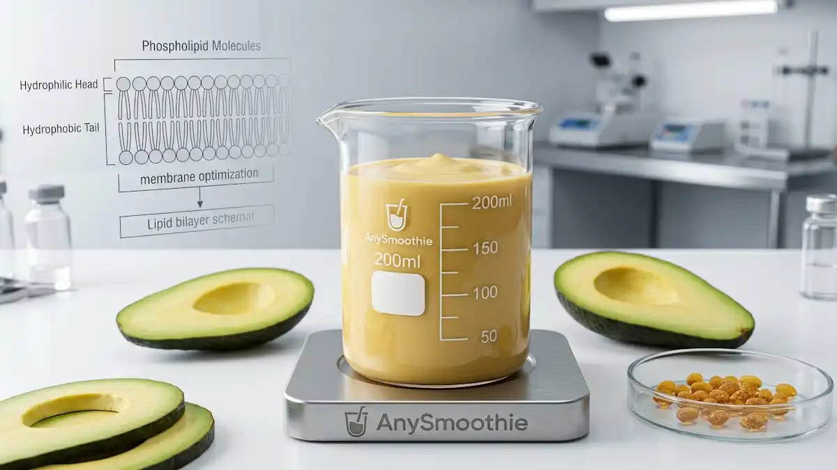 A laboratory beaker containing a rich avocado and sunflower lecithin phospholipid smoothie for second messenger signaling, placed on an AnySmoothie branded titanium coaster next to a lipid bilayer diagram.