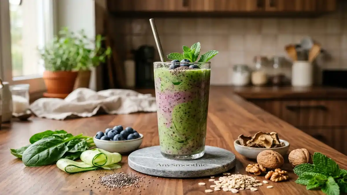 Premium lifestyle photography of a layered green and berry smoothie in a tall glass with an engraved "AnySmoothie" stone coaster, surrounded by whole ingredients like spinach, blueberries, walnuts, and mushrooms, showcasing polyamine smoothies for cellular translation support.