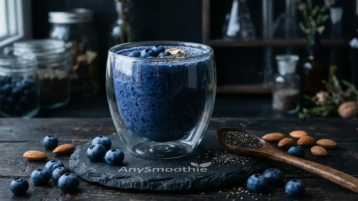 Deep blue pterostilbene smoothie in a double-walled glass on volcanic stone, optimized for cellular stress response support, featuring AnySmoothie branding with wild blueberries and chia seeds.