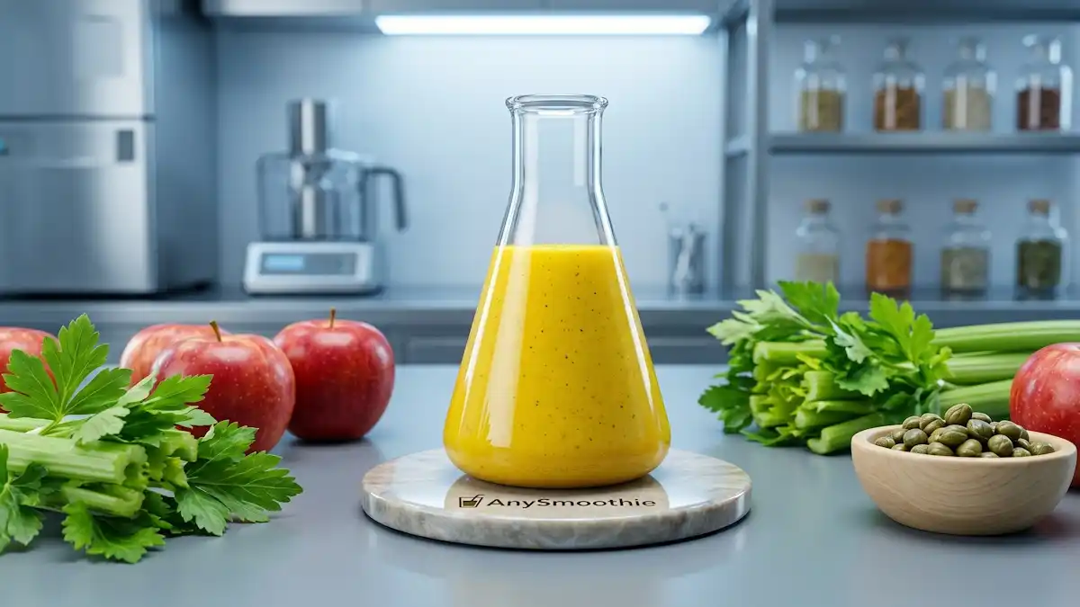 High-performance shot of a yellow turmeric and ginger smoothie in a laboratory conical flask, featuring the AnySmoothie logo etched on a stone coaster. Surrounded by red apples, celery, and capers to illustrate a quercetin smoothie for mast cell membrane integrity in a clinical, 4k aesthetic.